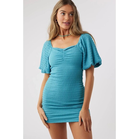 O'Neill Teagan Knit Bubble Sleeve Smocked Mini Dress in Blue Size XL NWT!!! - Picture 1 of 6